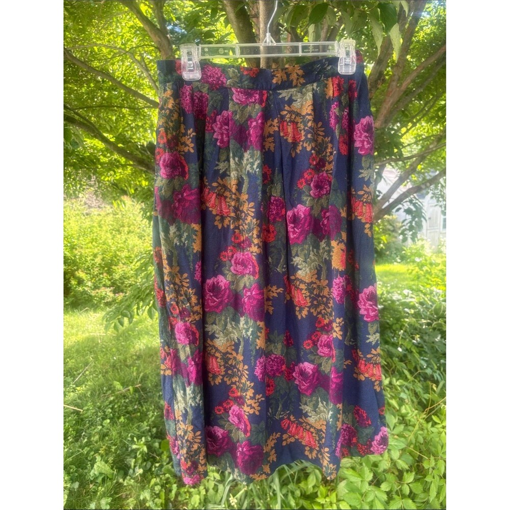 Vintage Floral Navy Midi Skirt with Pink & Green Blooms 12